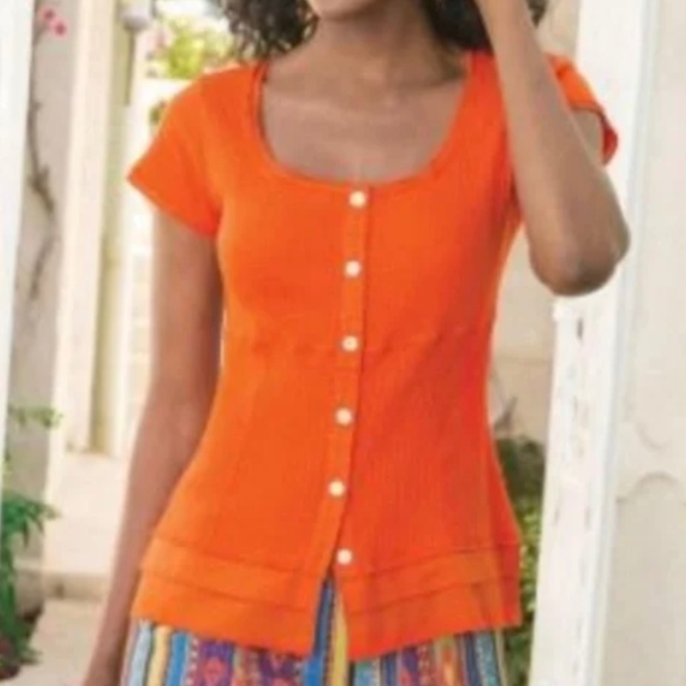Soft Surroundings Orange Roma Ribbed Short Sleeve Tee with buttons Size M‎